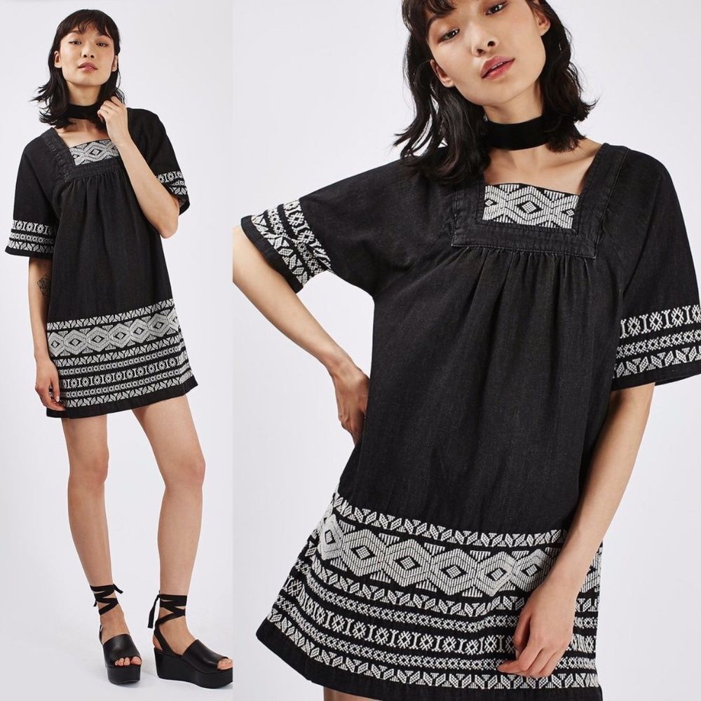 Topshop Moto Black Boho‎ Geometric Embroidered Mini Dress Size 2